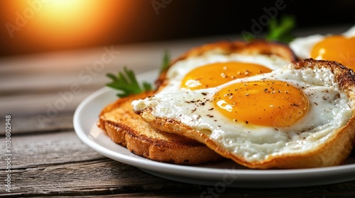 Delicious plate of sunny side up eggs on toasted bread, garnished with parsley. photo