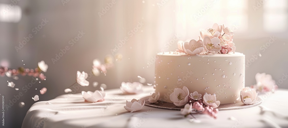 Elegant Wedding Cake Banner Design with Natural Light and White Decor for Gourmet Bakery Elegant Wedding Cake Banner Design with Natural Light and White Decor for Gourmet Bakery