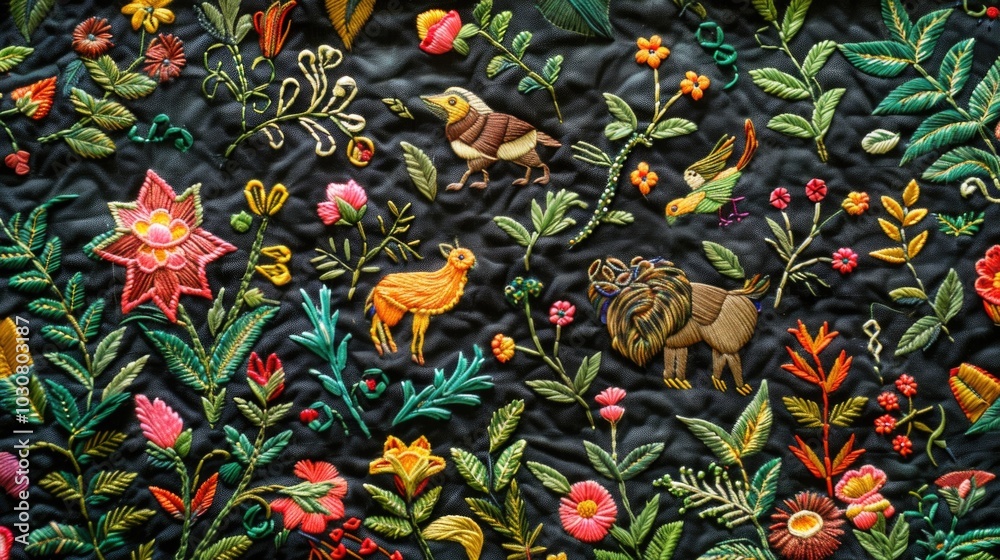 Close-up shot of a colorful quilt featuring animal and flower designs Close-up shot of a colorful quilt featuring animal and flower designs