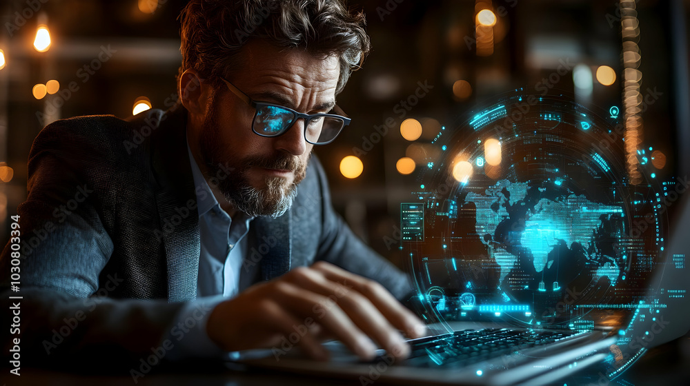 A businessman working on a laptop with a digital world overlay. A businessman working on a laptop with a digital world overlay.
