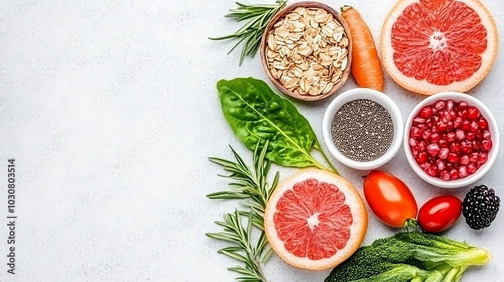 Healthy food ingredients arranged on a white surface with copy space. Healthy food ingredients arranged on a white surface with copy space.