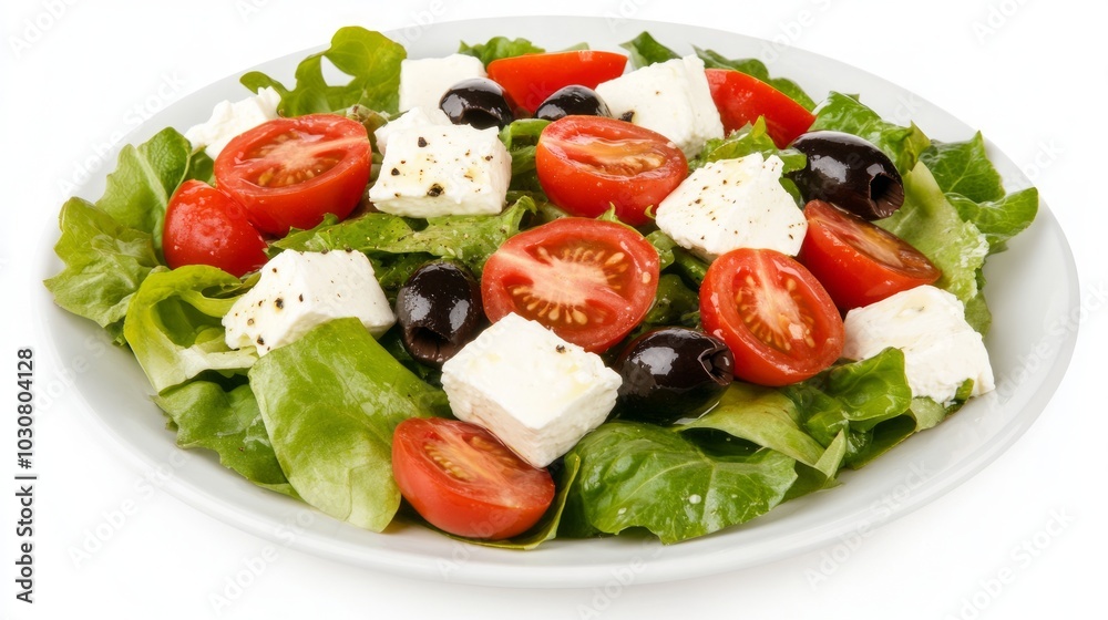 A fresh salad with feta cheese, cherry tomatoes, olives, and lettuce on a white plate. A fresh salad with feta cheese, cherry tomatoes, olives, and lettuce on a white plate.