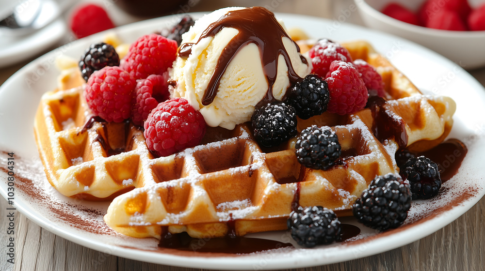 A plate of perfectly cooked Belgian waffles, drizzled with rich chocolate sauce and topped with a handful of fresh raspberries and blackberries A plate of perfectly cooked Belgian waffles, drizzled with rich chocolate sauce and topped with a handful of fresh raspberries and blackberries