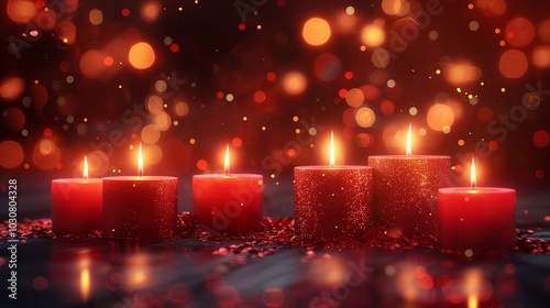 Christmas card with text Celebration Greeting: Dia de Las Velitas  with Candles, fruit, flower and bokeh lights. Translate: 7 December, Romantic festive holiday evening photo