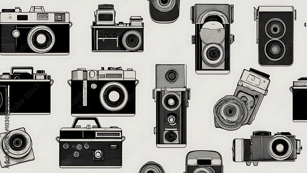 custom made wallpaper toronto digitalA minimalist seamless pattern featuring vintage film cameras in monochrome with simple, detailed line art.