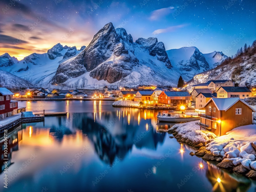 Night Photography of Kabelvag Fishing Village with Snowcapped Mountains in Norway Night Photography of Kabelvag Fishing Village with Snowcapped Mountains in Norway
