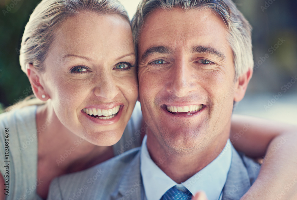 Business, embrace and portrait of mature couple with smile, support and confidence in morning. Man, woman and happy partner in corporate management for entrepreneur team with love, trust and bonding Business, embrace and portrait of mature couple with smile, support and confidence in morning. Man, woman and happy partner in corporate management for entrepreneur team with love, trust and bonding