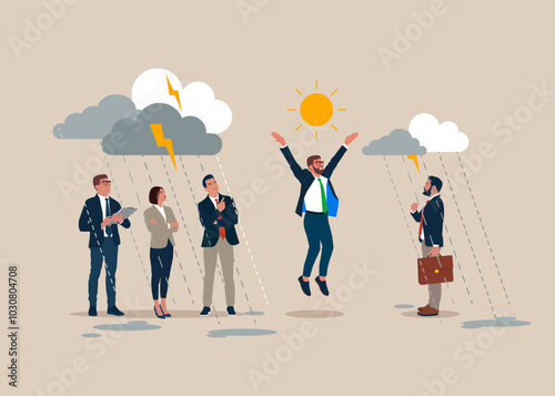 Depressed business people tired stand rain as the negative thoughts stands. Happiness is a state of mind. Being different, standing out from the crowd. Flat vector illustration