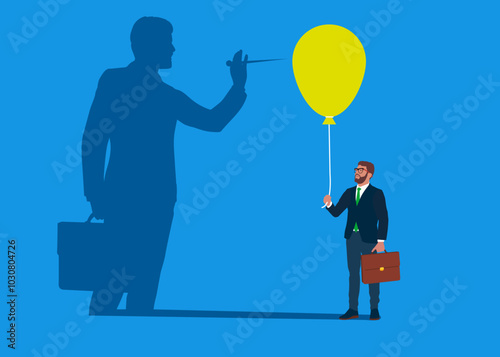 Businessman casting a shadow with human pushing needle to pop the balloon. Quarrel with its shadow. Flat vector illustration