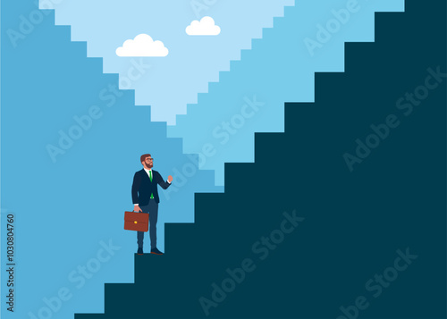 Businessman rising stairs to try to reach the top. Work improvement, career growth or performance to achieve success, progress or challenge concept. Flat vector illustration