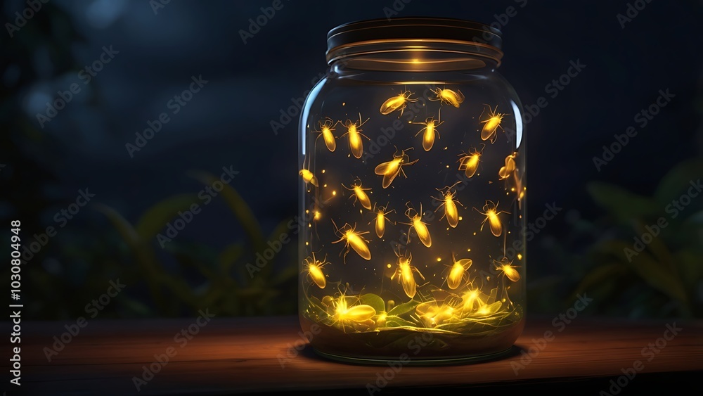 A realistic image of a glass jar filled with glowing lightning bugs, emitting soft light in the darkness of a summer evening. A realistic image of a glass jar filled with glowing lightning bugs, emitting soft light in the darkness of a summer evening.