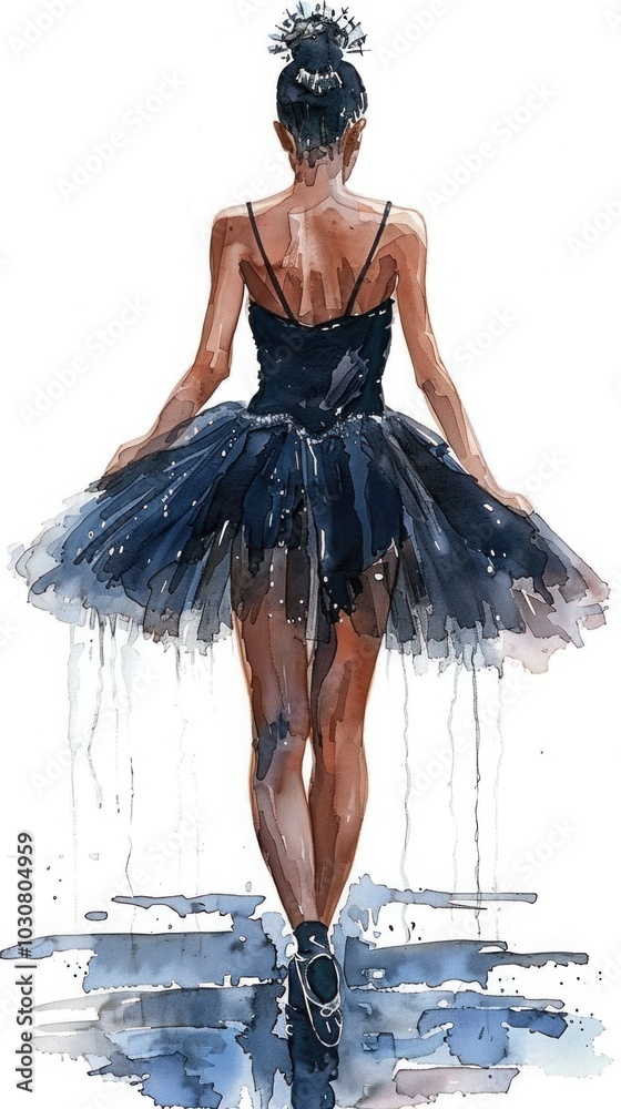 watercolor drawing, a ballerina from the back, in a black dress, in a tutu skirt on a white background watercolor drawing, a ballerina from the back, in a black dress, in a tutu skirt on a white background
