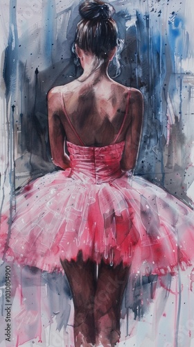 Watercolor drawing of ballerina in pink tutu skirt, standing with her back to the viewer