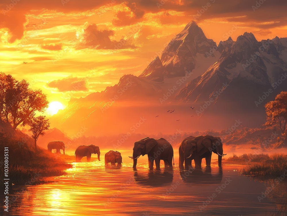 Fototapeta premium elephants at sunset