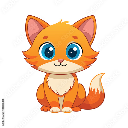 Cartoon-style orange kitten with large blue eyes and a cheerful expression, sitting with its front paws together. 