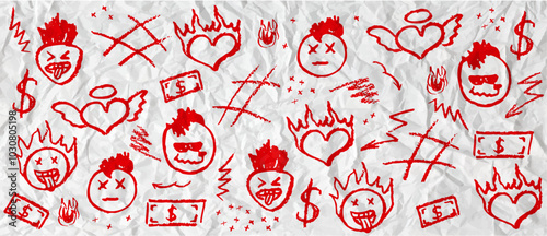 Red wax crayon drawing grafitti elements. Marker drawing retro rock elements. Vector charcoal outline symbols cute heart, mohawk hairstyle head, mouth stick out tongue on the on crumpled paper wall.