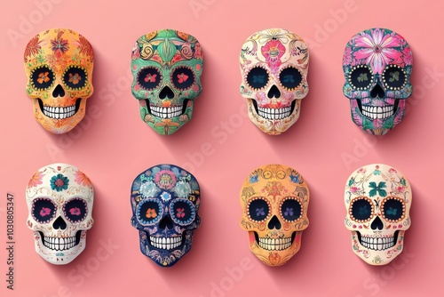 A collection of skulls on a bright pink background