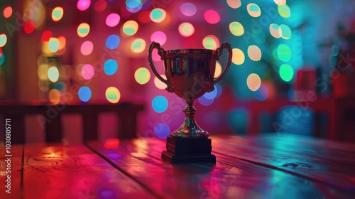 A trophy sitting on a wooden table