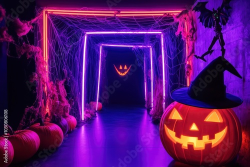 Halloween theme, dark tunnel with neon lights frame at the entrance, which hat and pumpinks in the right corner. with generative ai photo