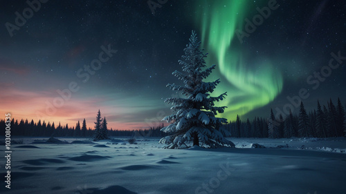 Serene Snowy Landscape with Glowing Aurora Borealis