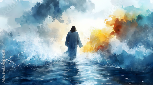 A serene depiction of a figure walking on water amidst vibrant waves.