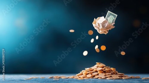 A pile of coins with a crumpled bill on top, symbolizing the risk of losing money.
