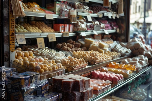 A colorful display case filled with various types of doughnuts