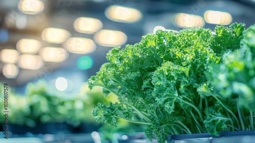 Fresh Curly Kale Under Bright Lights in a Modern Indoor Hydroponic Farm photo