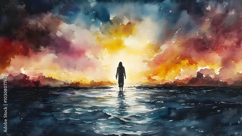 A silhouette walks on water against a vibrant sunset backdrop. A silhouette walks on water against a vibrant sunset backdrop.