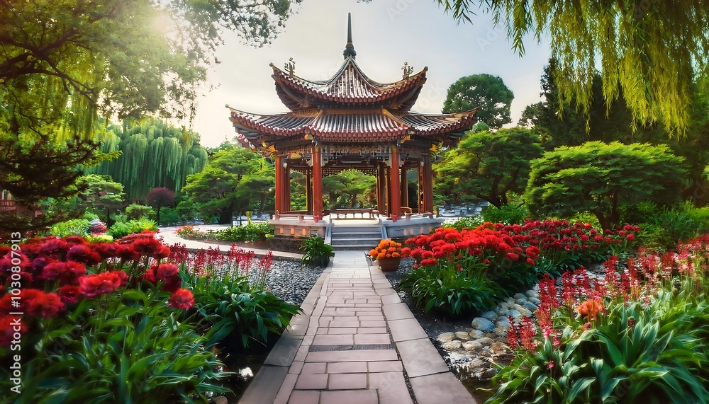 Explore the beauty of a traditional Chinese garden with a temple surrounded by vibrant flowers and serene nature. Generative AI