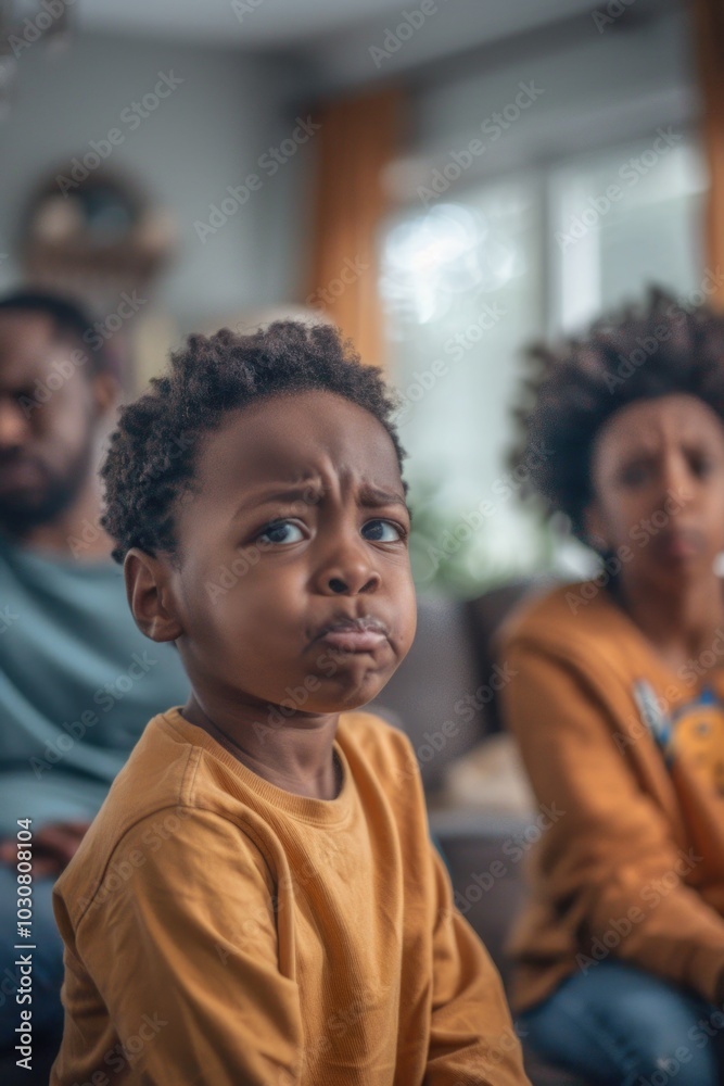 A young boy sitting on a couch with his family in the background, a warm and cozy scene A young boy sitting on a couch with his family in the background, a warm and cozy scene