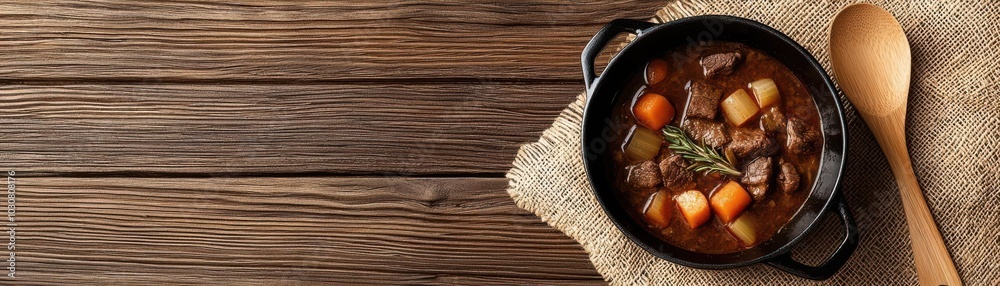 Hot pot of hearty stew with fresh vegetables and beef, comfort food, traditional cooking Hot pot of hearty stew with fresh vegetables and beef, comfort food, traditional cooking