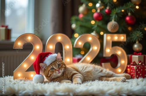 A beige cat wearing a Santa Claus hat with a tiger mask is near the number 2022 made from sausages in the winter wood.