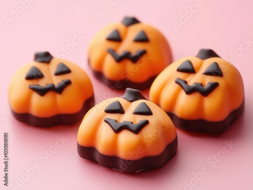 Four orange chocolate pumpkin lanterns on pink background. Holiday sweets for Halloween.