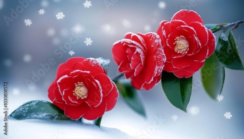 Red Camellia Flowers in the Snow with Green Leaves photo