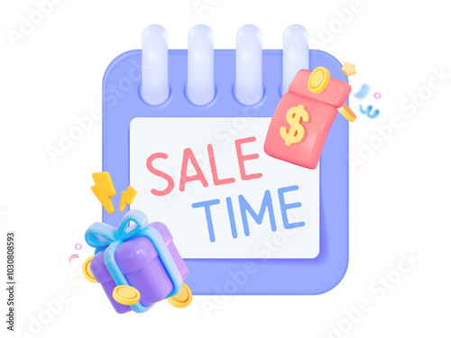 3D calendar with a gift and a coupon and the inscription "Sale Time." Suitable for profitable sales, holiday discounts, cashback, and loyalty programs.