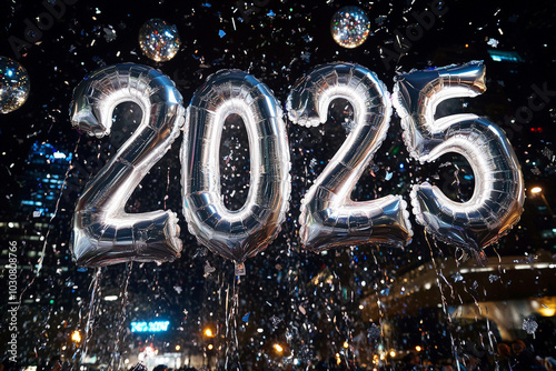 The word "2025" is made of silver balloons, surrounded by confetti and streamers in the air at night