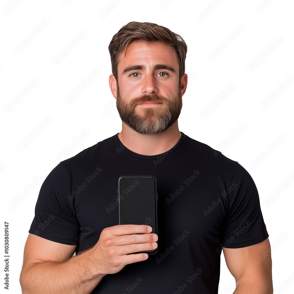 Confident man holding smartphone on transparent background Confident man holding smartphone on transparent background