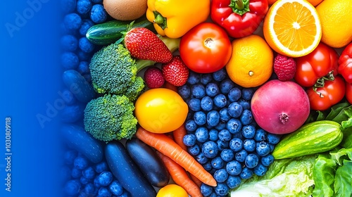 Colorful fresh fruits and vegetables on blue background.