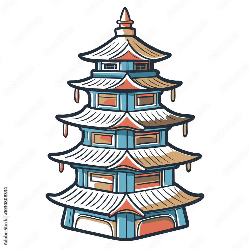 Colorful drawing of a pagoda, a tiered tower with multiple eaves common in east asia, representing asian culture and traditions. Asian culture element or traditional symbol of asia