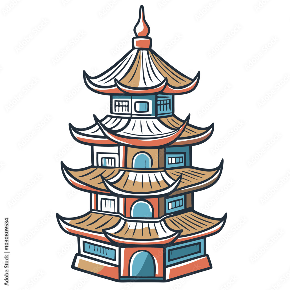 Colorful drawing of a pagoda, a tiered tower with multiple eaves common in east asia, representing asian culture and traditions. Asian culture element or traditional symbol of asia Colorful drawing of a pagoda, a tiered tower with multiple eaves common in east asia, representing asian culture and traditions. Asian culture element or traditional symbol of asia