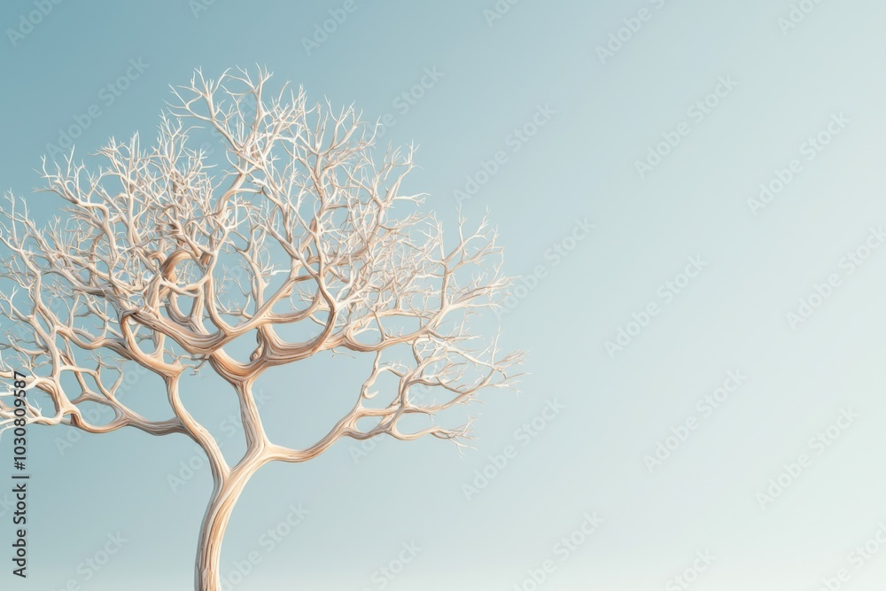 Bare tree against soft blue background, showcasing intricate branch patterns.