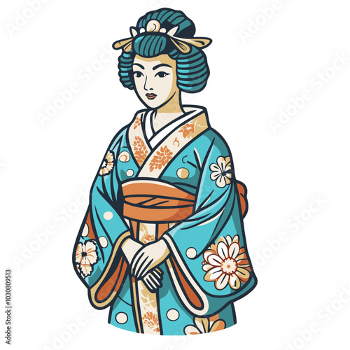 Illustration of a japanese woman wearing a blue kimono with floral details, representing japanese culture and traditions. Asian culture element or traditional symbol of asia