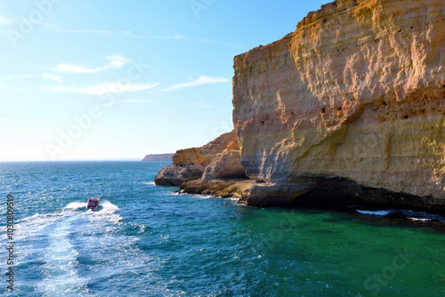 Algar Seco is a rock formation near Carvoeiro the rocks were formed over thousands of years by wind and waves today the resulting caves are a popular tourist destination in the Algarve Portugal photo