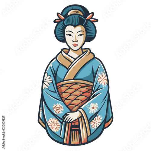 Illustration of beautiful japanese woman with traditional hairstyle and makeup wearing blue kimono with floral pattern. Asian culture element or traditional symbol of asia