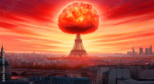 Nuclear Explosion Over the City with Post-Apocalyptic Background photo