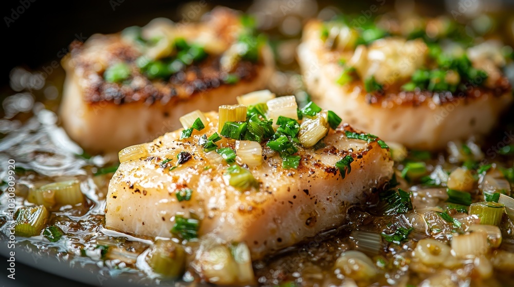 Gourmet Pan-Seared Fish Fillets with Chives and Onions in Sauce