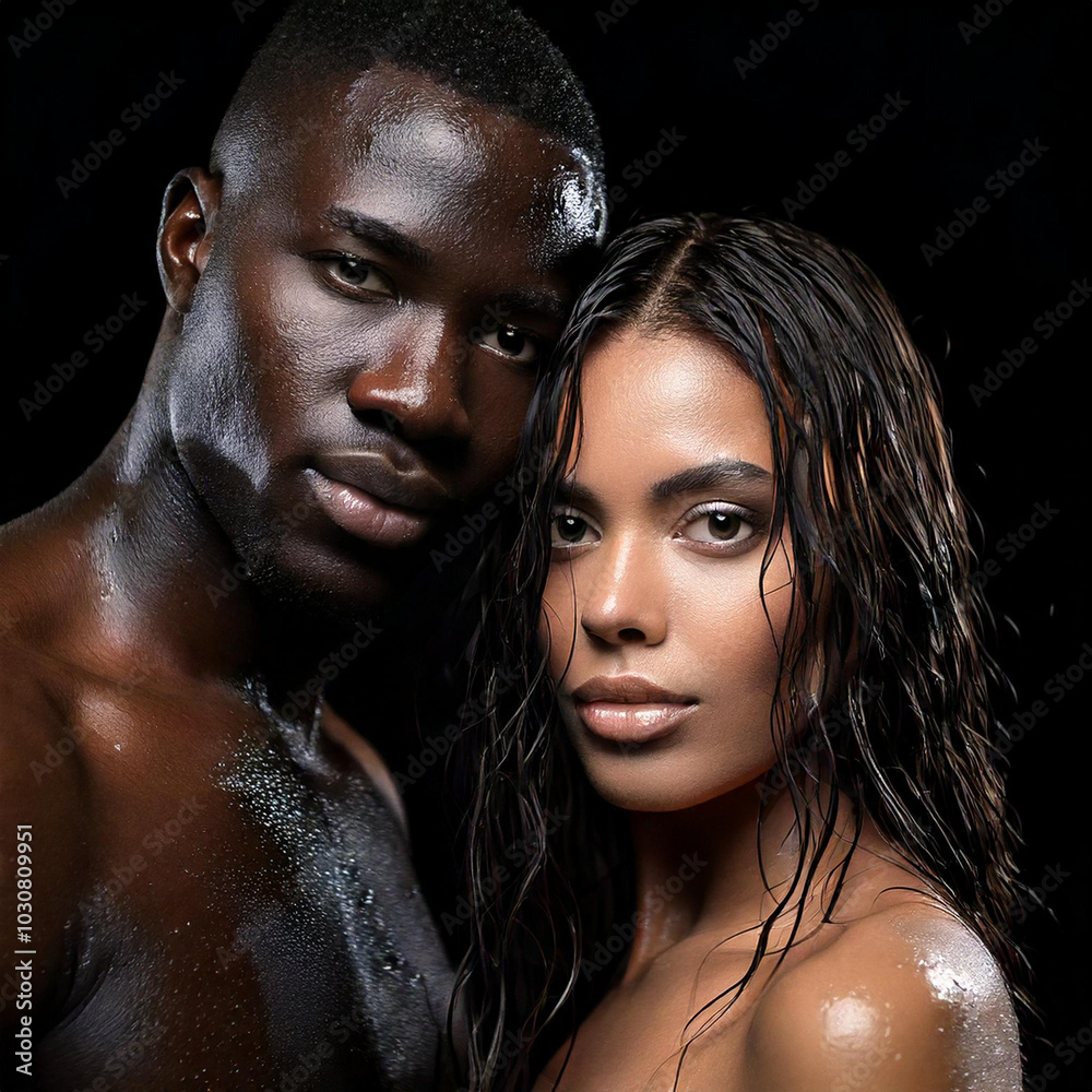 Black Couple with dark eyes, wet hair, wet bodies, black background, fashion photo