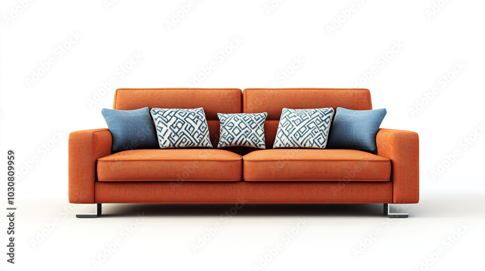 Fototapeta premium Pillows Galore, White Couch Adorned With Abundance of Cushions, Minimalist black and orange sofa 3D render on white background, perfect for architectural visualization.