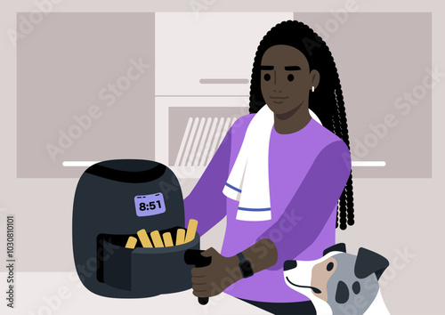 In a cozy kitchen, a young individual joyfully cooks golden fries in an air fryer, with their dog eagerly observing, creating a warm and inviting atmosphere